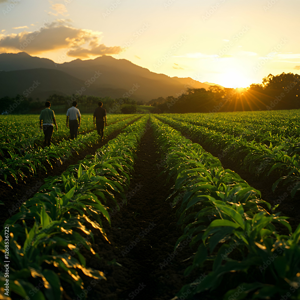 Three Farmers Walking Through Rows of Crops at Sunset