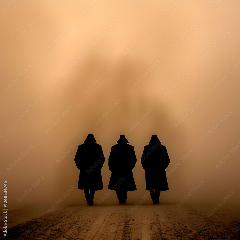 Three Figures Walking in a Desert Sandstorm