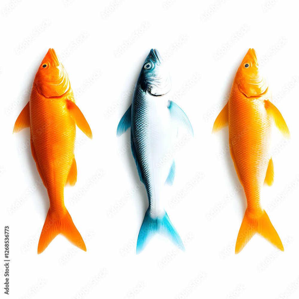 Three Fish on White Background: Two Goldfish and a Blue Fish