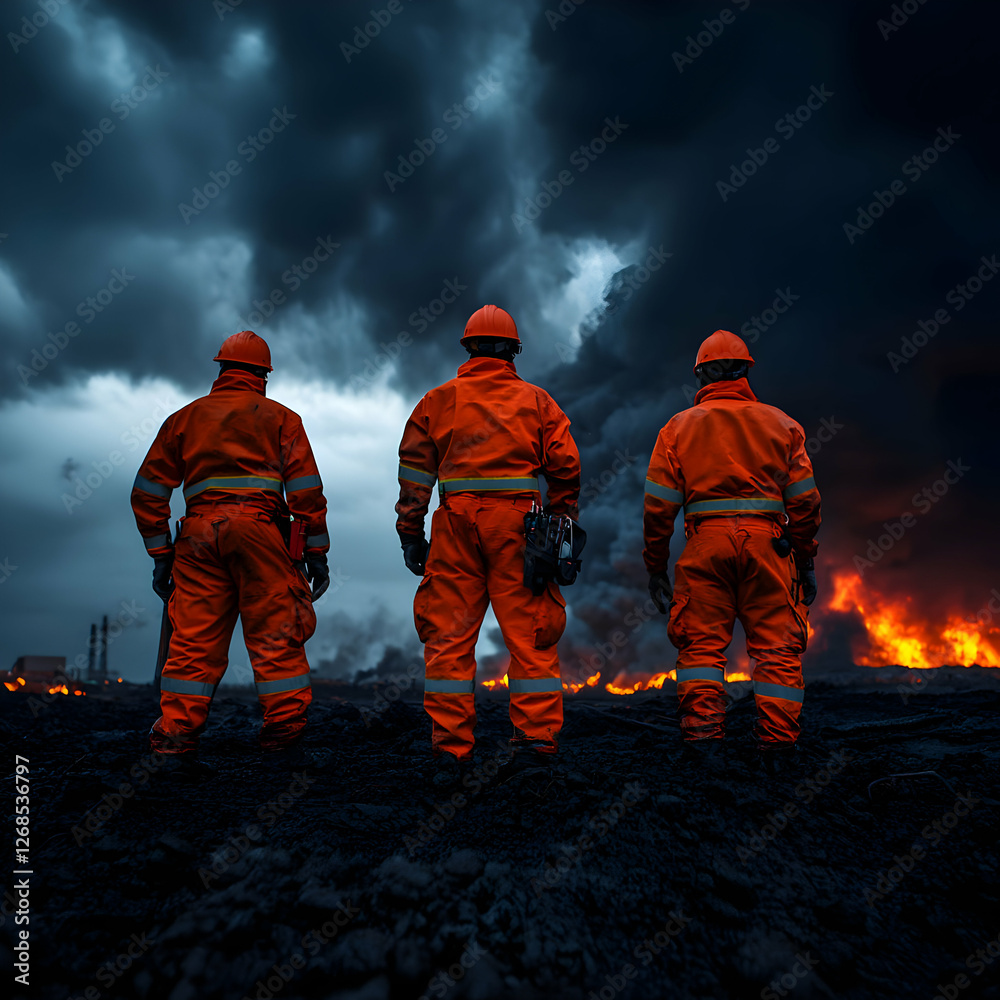 Three Firefighters Observing Industrial Fire at Night
