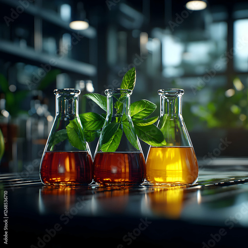 Obraz na płótnie Three Erlenmeyer Flasks with Green Leaves and Colored Liquids in a Laboratory Setting w salonie