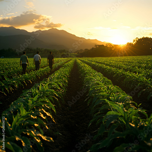 Obraz na płótnie Three Farmers Walking Through Rows of Crops at Sunset w salonie