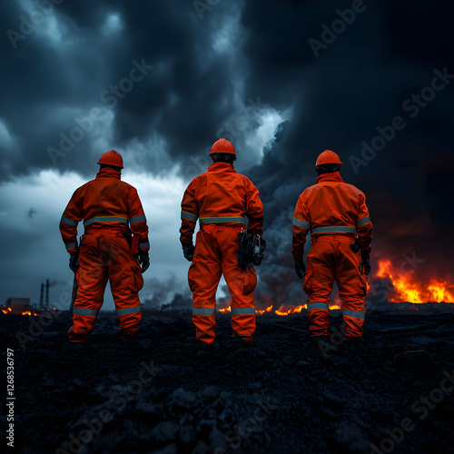Obraz na płótnie Three Firefighters Observing Industrial Fire at Night w salonie