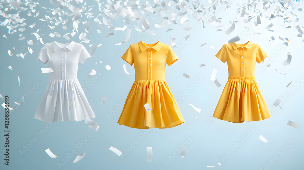 Three Girls' Dresses Floating Amidst Confetti