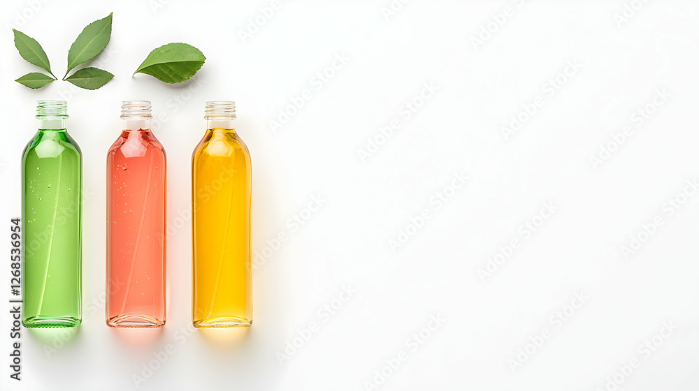 Three Glass Bottles of Essential Oils with Green Leaves on White Background