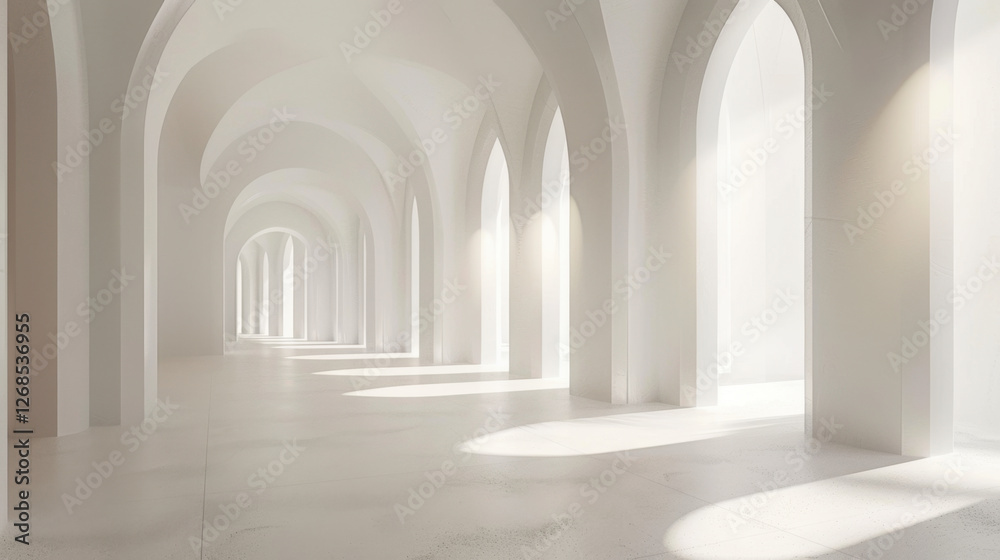 Fototapeta premium bright, minimalist interior featuring white arches and soft light creating serene atmosphere. spacious design emphasizes simplicity and elegance