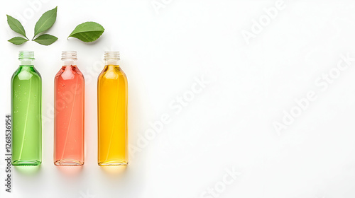 Obraz na płótnie Three Glass Bottles of Essential Oils with Green Leaves on White Background w salonie