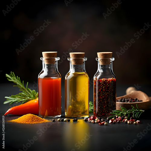 Obraz na płótnie Three Glass Bottles of Oil with Spices on Dark Background w salonie