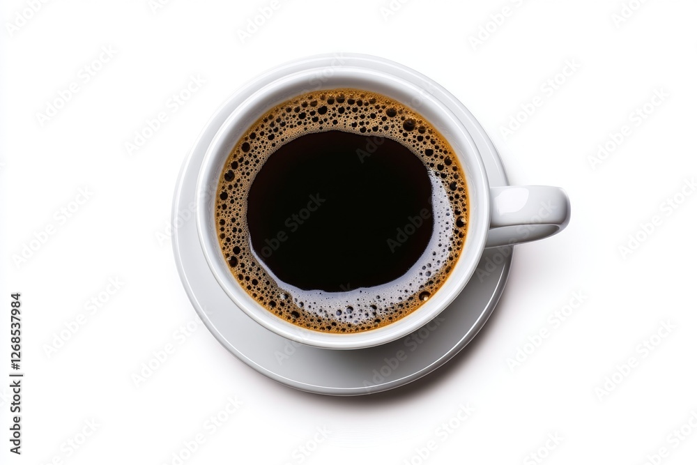 Overhead view of black coffee in white cup, saucer, white background, for menu use Overhead view of black coffee in white cup, saucer, white background, for menu use