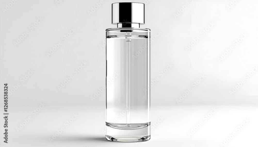 A sleek, clear glass bottle filled with liquid, featuring a shiny silver cap against a minimalistic background. A sleek, clear glass bottle filled with liquid, featuring a shiny silver cap against a minimalistic background.