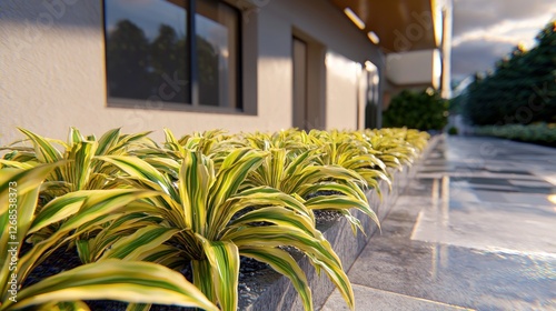 Modern house exterior landscaping, yellow-green plants, pathway, trees in background photo