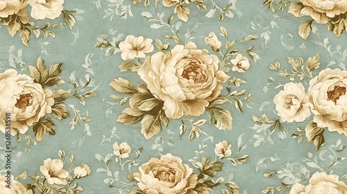 Wallpaper Mural Vintage Floral Pattern, Beige Roses, Green Leaves, Textile Background, Home Decor Torontodigital.ca
