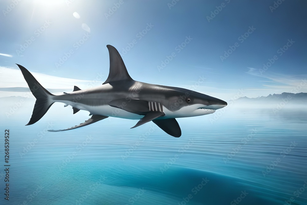 Fototapeta premium A blue cartoon dolphin swims in the white isolated ocean, a playful marine mammal among the underwater life