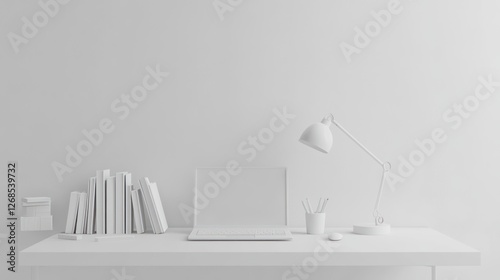 Minimalist workspace, monochrome, laptop, books, lamp