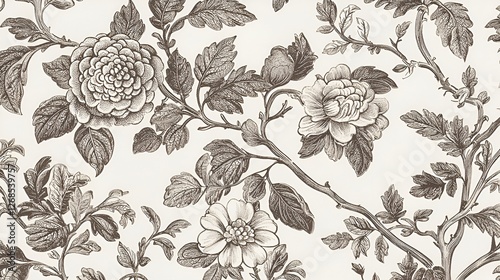 Elegant floral wallpaper design; grey flowers, cream background; home decor