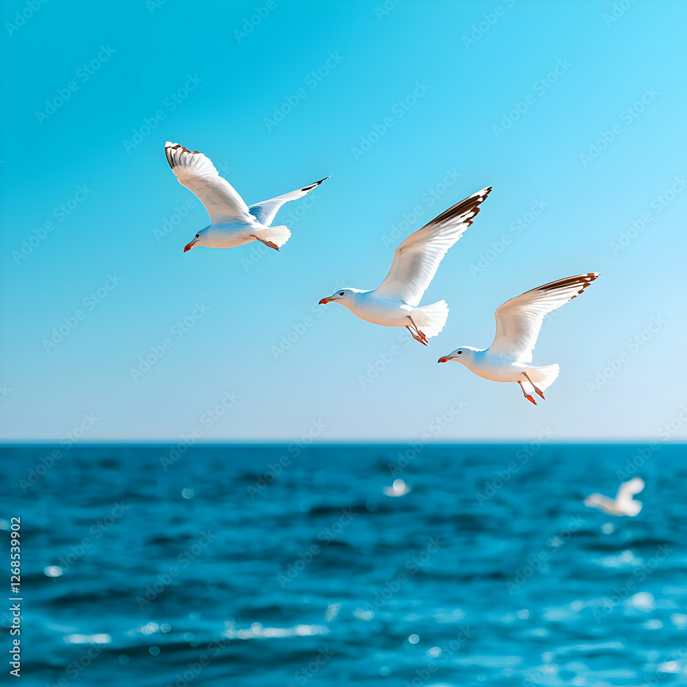 Fototapeta premium Three Seagulls Flying Over Blue Ocean Under Bright Sky