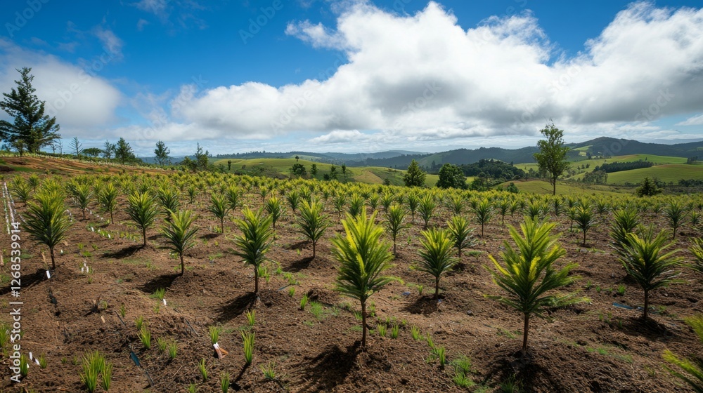 An expansive view of a reforestation project with countless young trees planted across a rolling landscape, under a vibrant blue sky with clouds An expansive view of a reforestation project with countless young trees planted across a rolling landscape, under a vibrant blue sky with clouds