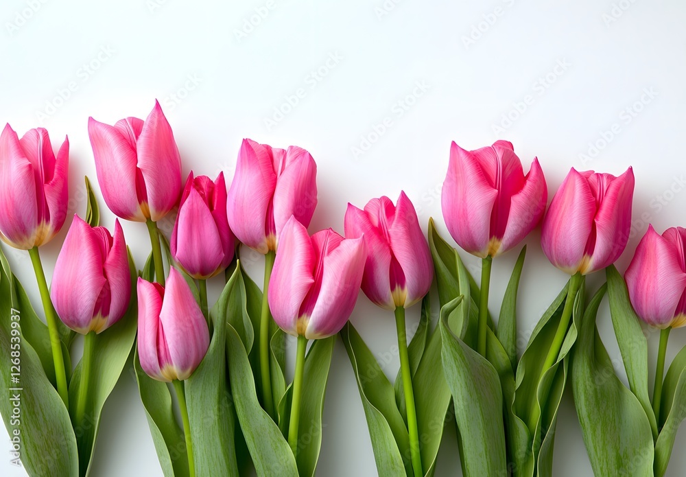 Pink tulips border on a white background with copy space for text, top view. Happy Mother's Day card template Pink tulips border on a white background with copy space for text, top view. Happy Mother's Day card template