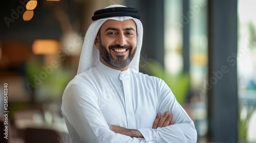 Confident smart mature Arabian middle eastern president of company smiling on modern office photo