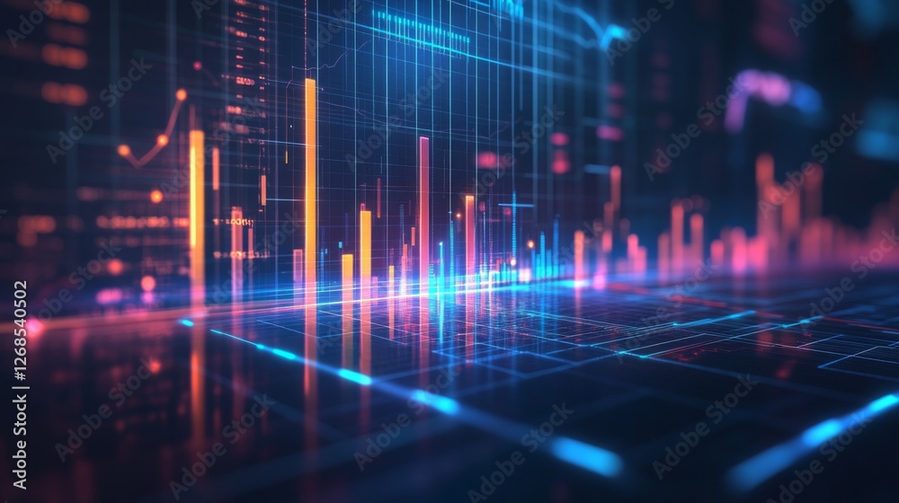 A D financial chart with rising columns and a glowing trendline, placed over a sleek digital grid with futuristic design elements