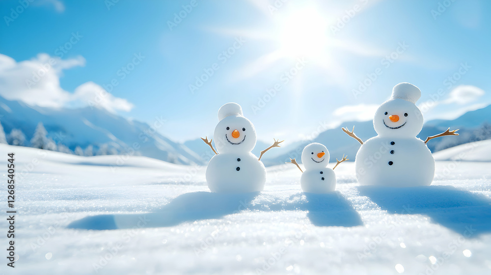Three Snowmen in a Snowy Mountain Landscape Three Snowmen in a Snowy Mountain Landscape