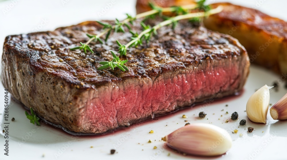 A beautifully plated steak, with a perfect sear and garnished with fresh thyme and garlic, served on a clean, white surface for a minimalist presentation A beautifully plated steak, with a perfect sear and garnished with fresh thyme and garlic, served on a clean, white surface for a minimalist presentation