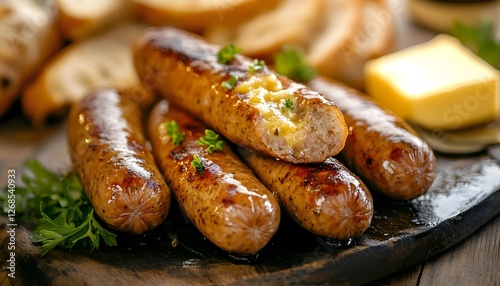 Sausages with butter and fresh bread on the table. A realistic photo of delicious sausages, fried in oil for breakfast or evening meal at home or restaurant