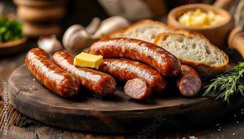 Sausages with butter and fresh bread on the table. A realistic photo of delicious sausages, fried in oil for breakfast or evening meal at home or restaurant
