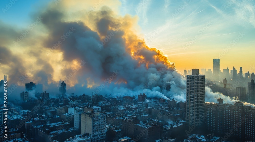 A billowing cloud of gray smoke spreading across the sky from a large urban fire, partially obscuring buildings and structures in the distance A billowing cloud of gray smoke spreading across the sky from a large urban fire, partially obscuring buildings and structures in the distance