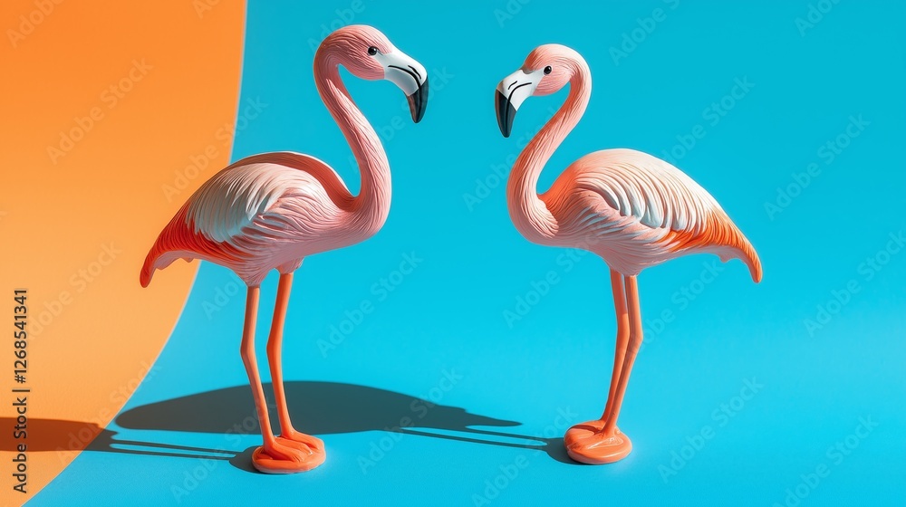 Obraz premium Two flamingo figurines on a vibrant surface, symbolizing elegance and simplicity in a bold color palette.