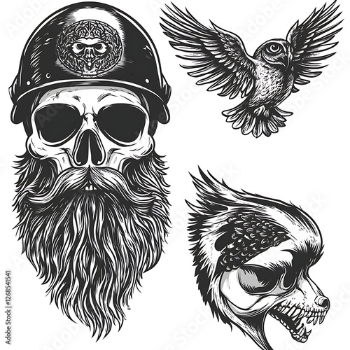 Set of graphical skulls, skulls with wings. Image for tattoo and printing.