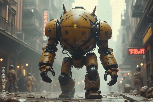  A steam-powered mechanical golem patrolling an industrial city.