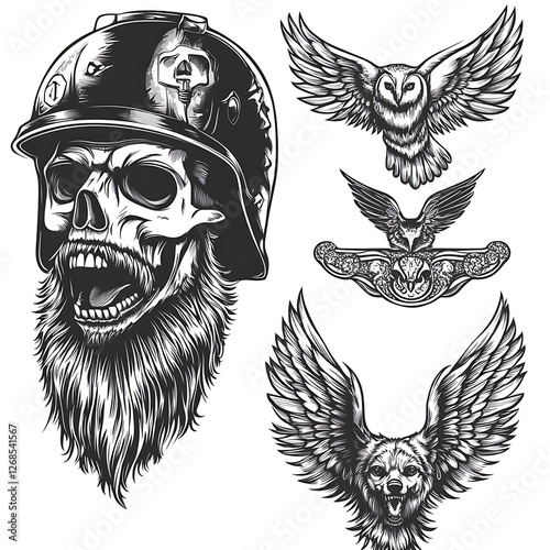Set of graphical skulls, skulls with wings. Image for tattoo and printing.