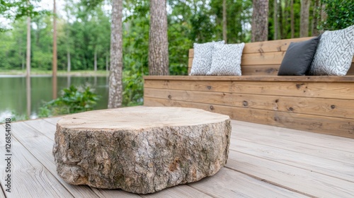 Wooden patio seating area with tree stump table, tranquil lake view photo