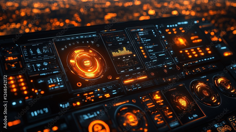 Obraz premium Futuristic Visual Map Interface in Grid Style with Neon Elements and Advanced Data Display