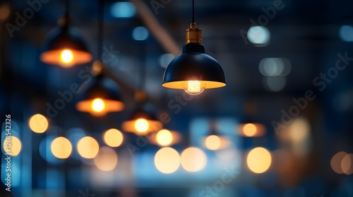Abstract background with hanging lamps in an industrial warehouse, soft focus and bokeh effect