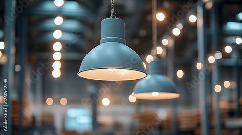 Photo of modern industrial light shades hanging in a warehouse, with a blurred background