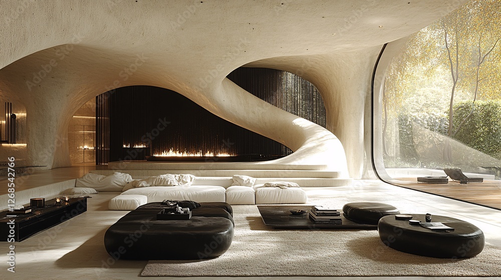 Fototapeta premium Sleek Futuristic Living Room Design with Unique Architecture and Minimalist Aesthetic
