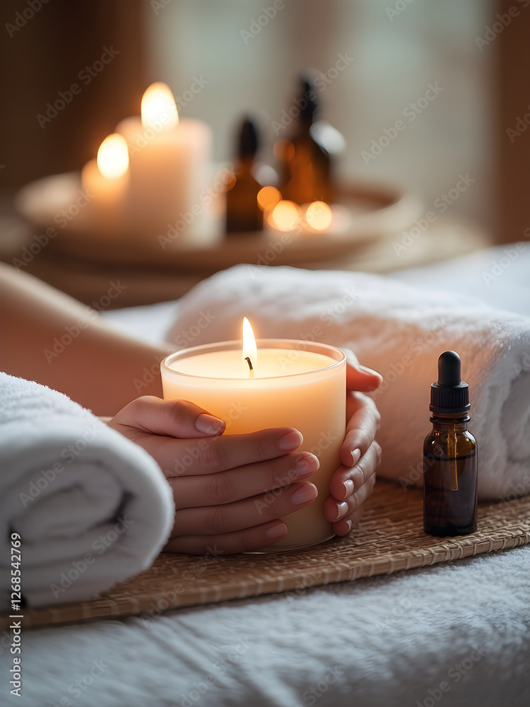 Aromatherapy candle held gently in hands, surrounded by soft towels and essential oil bottles, creating a serene spa atmosphere with warm lighting and relaxation elements Aromatherapy candle held gently in hands, surrounded by soft towels and essential oil bottles, creating a serene spa atmosphere with warm lighting and relaxation elements