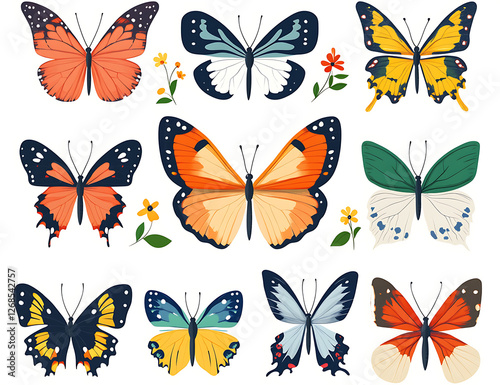 Set of different butterflies on a white background. Insect collection. Vector illustration