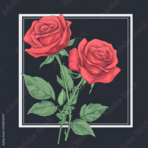 Blooming red rose branch with two flowers. Beautiful vintage floral design. Hand drawn colorful rough sketch on black backgroun