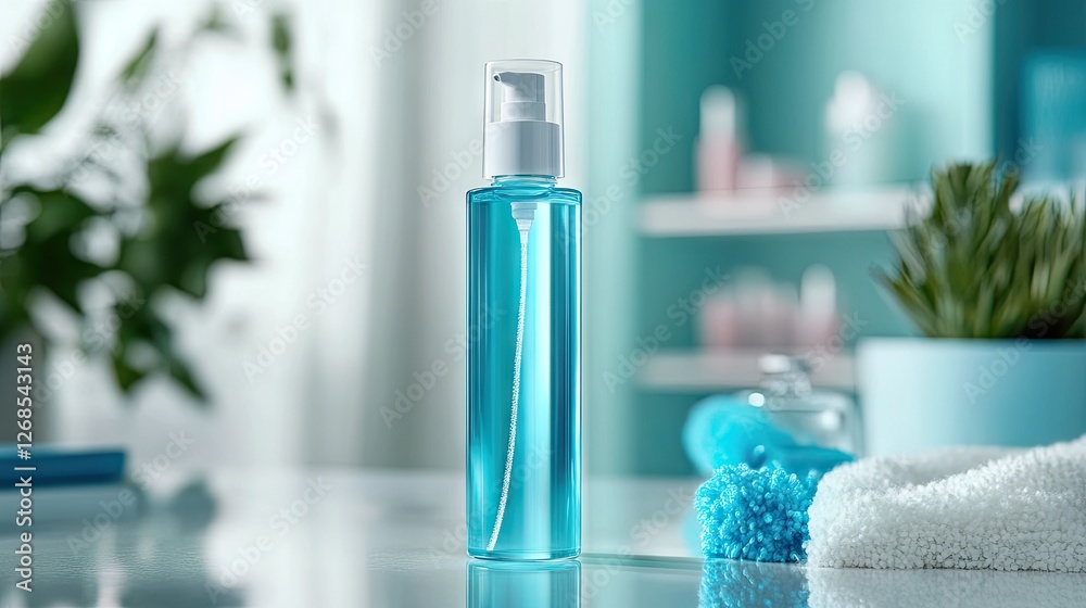 Micellar water bottle with a pump top placed on a reflective counter Micellar water bottle with a pump top placed on a reflective counter