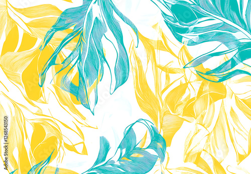 Vector of half blue and yellow tropical leaves on a transparent background.