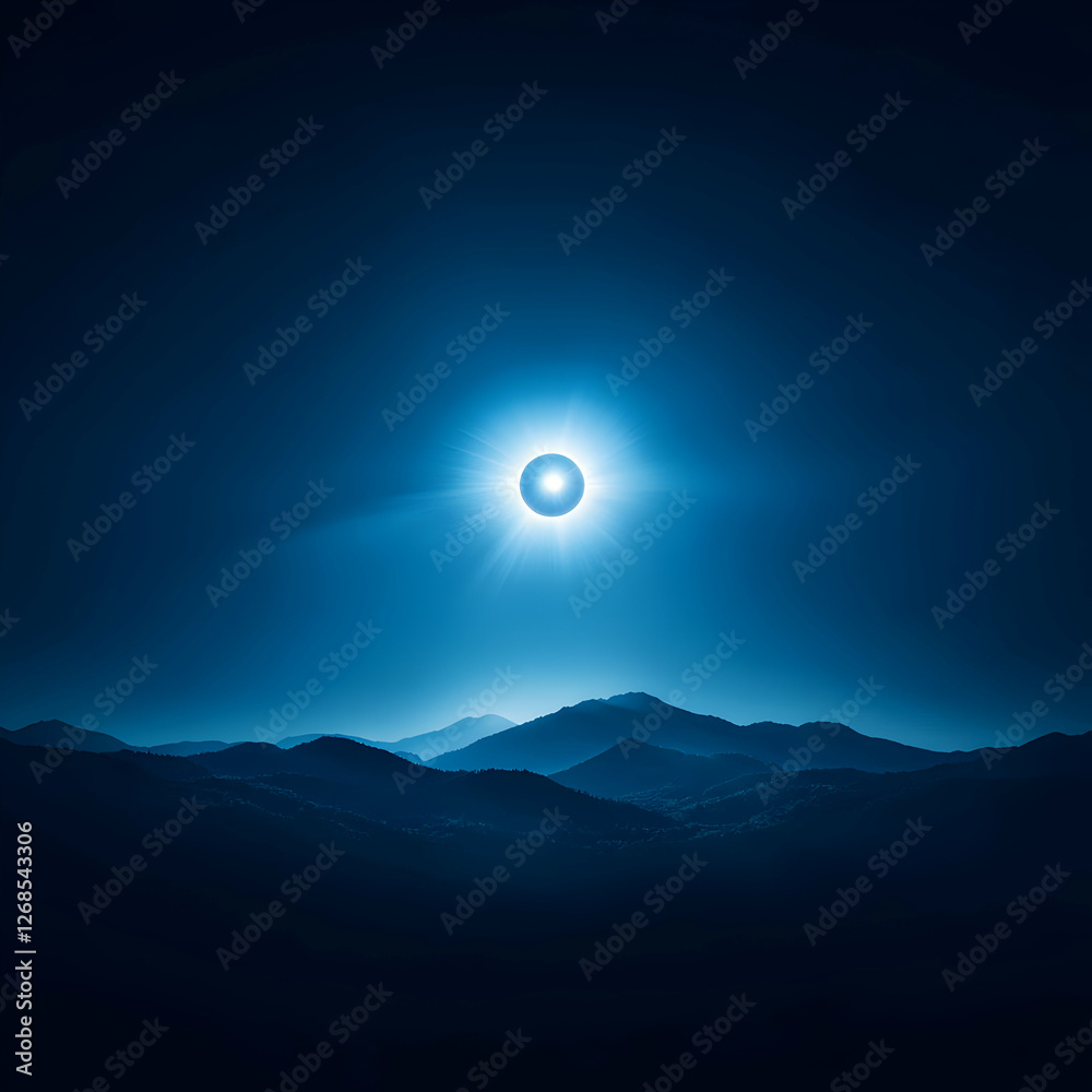 Total Solar Eclipse Over Dark Blue Mountain Range Total Solar Eclipse Over Dark Blue Mountain Range
