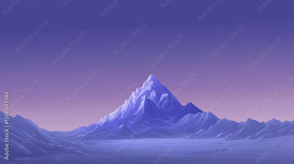 A solitary mountain standing tall under a twilight sky, its rocky surface partially covered with ice A solitary mountain standing tall under a twilight sky, its rocky surface partially covered with ice