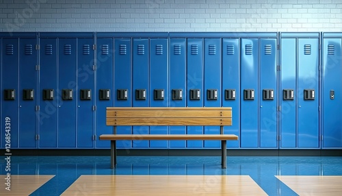 3D render of blue high school lockers with a wooden bench in front, gymnasium background.