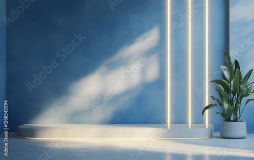 3D rendering of a blue wall with light and shadow