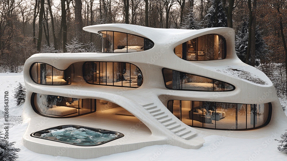 Fototapeta premium Futuristic Mountain Cabin Surrounded by Snowy Forest with Glass Elements and Unique Design