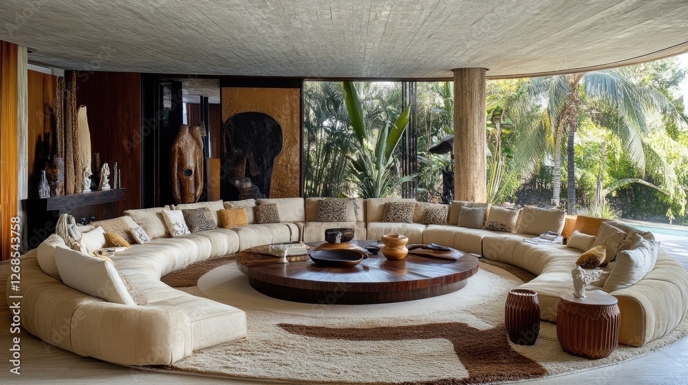 Fototapeta premium Neutral decor living room with furniture arranged in a circle and rug underneath
