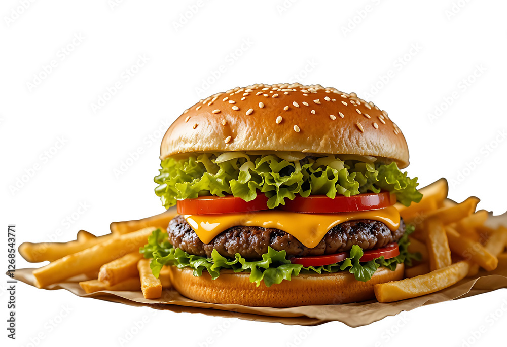 A mouthwatering cheeseburger with layers of lettuce, tomato, grilled patty, melted cheese, and sesame seed bun. A mouthwatering cheeseburger with layers of lettuce, tomato, grilled patty, melted cheese, and sesame seed bun.
